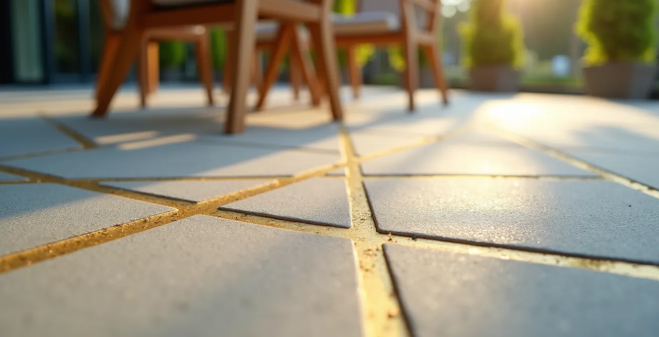 Terrasse en béton avec calepinage géométrique et joints en laiton créant des motifs