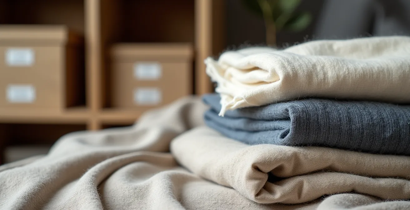 Système de rangement pour textiles avec housses de protection et étiquettes organisées par saison