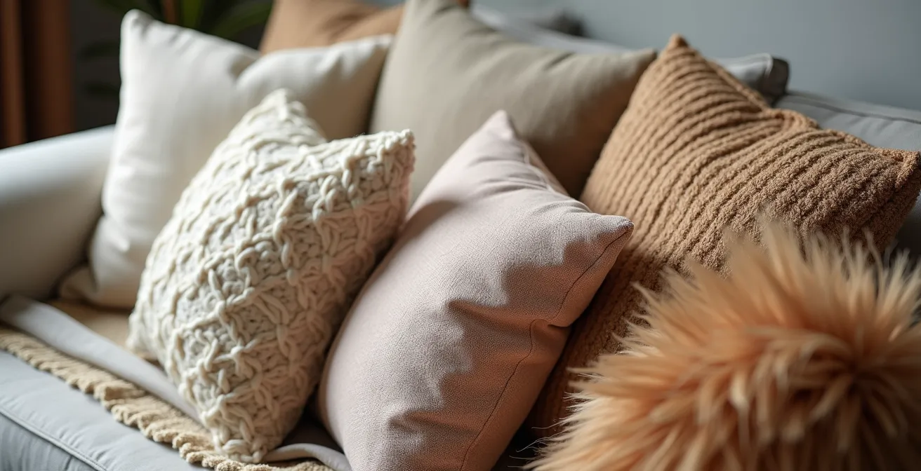 Composition de textiles décoratifs modulables avec coussins, plaids et tapis superposés