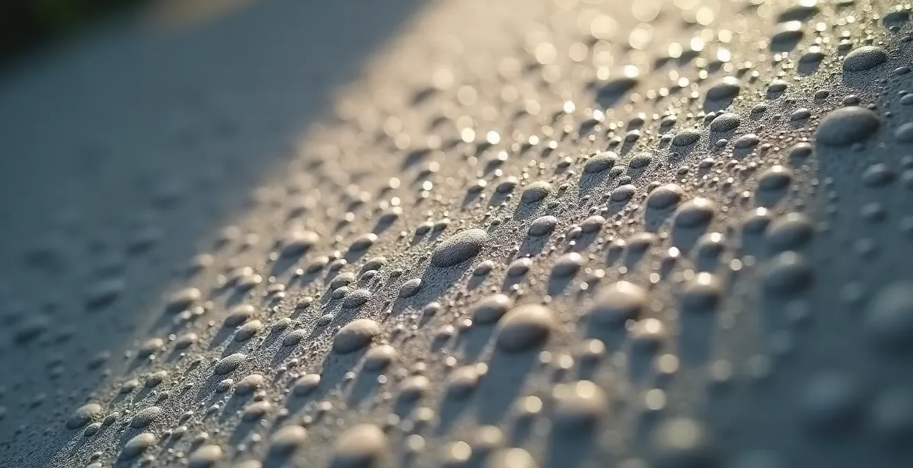 Vue macro de la texture d'un mur en béton brut montrant les micro-bulles et les nuances de surface