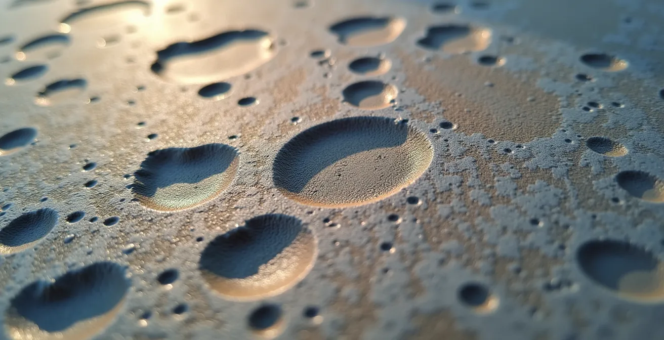 Détail macro de la surface d'un béton brut montrant les bulles et aspérités naturelles