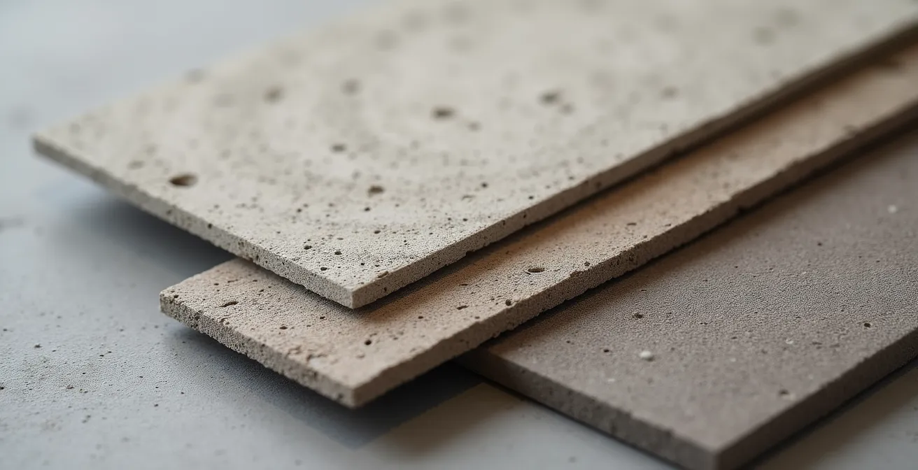 Échantillons de béton avec différentes textures imitant bois, pierre et cuir