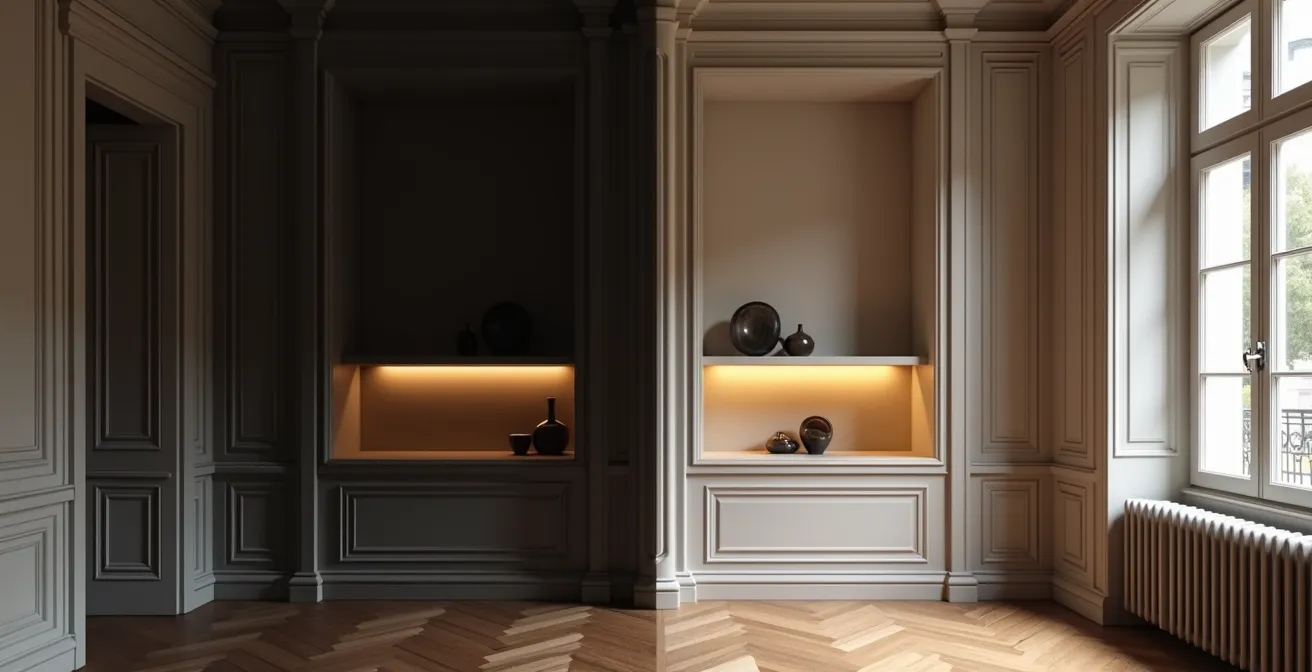 Angle mort d'appartement haussmannien transformé en niche décorative éclairée
