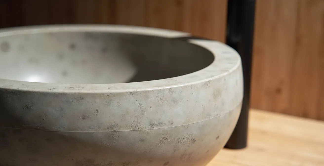 Vasque en béton brut posée sur un plan de travail en bois massif