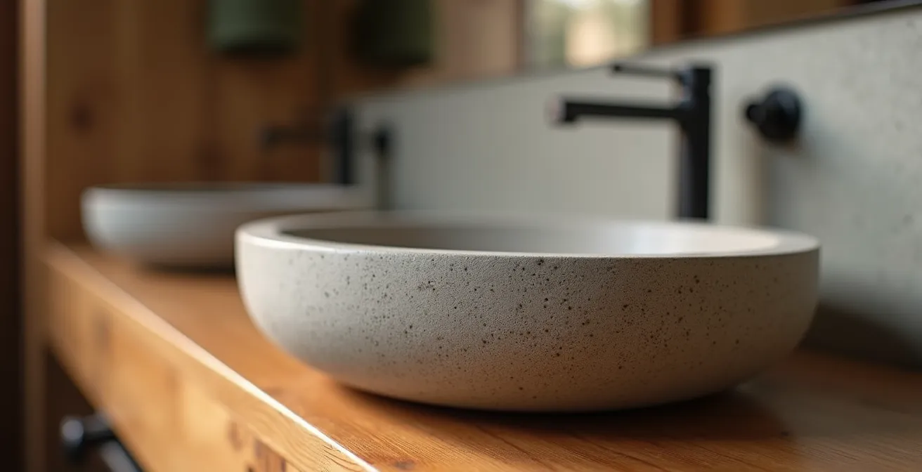 Vasque ronde en béton posée sur un plan en bois massif dans une salle de bain