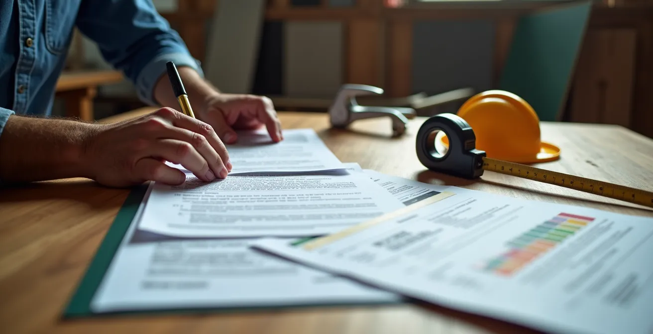 Mains consultant des documents professionnels d'artisan sur une table de travail