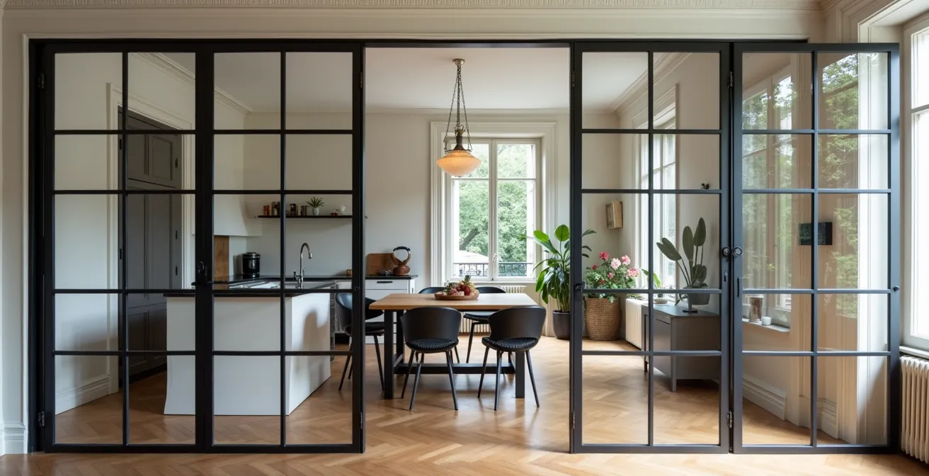 Verrière d'atelier séparant une cuisine et un salon, favorisant la circulation de la lumière dans un appartement contemporain.