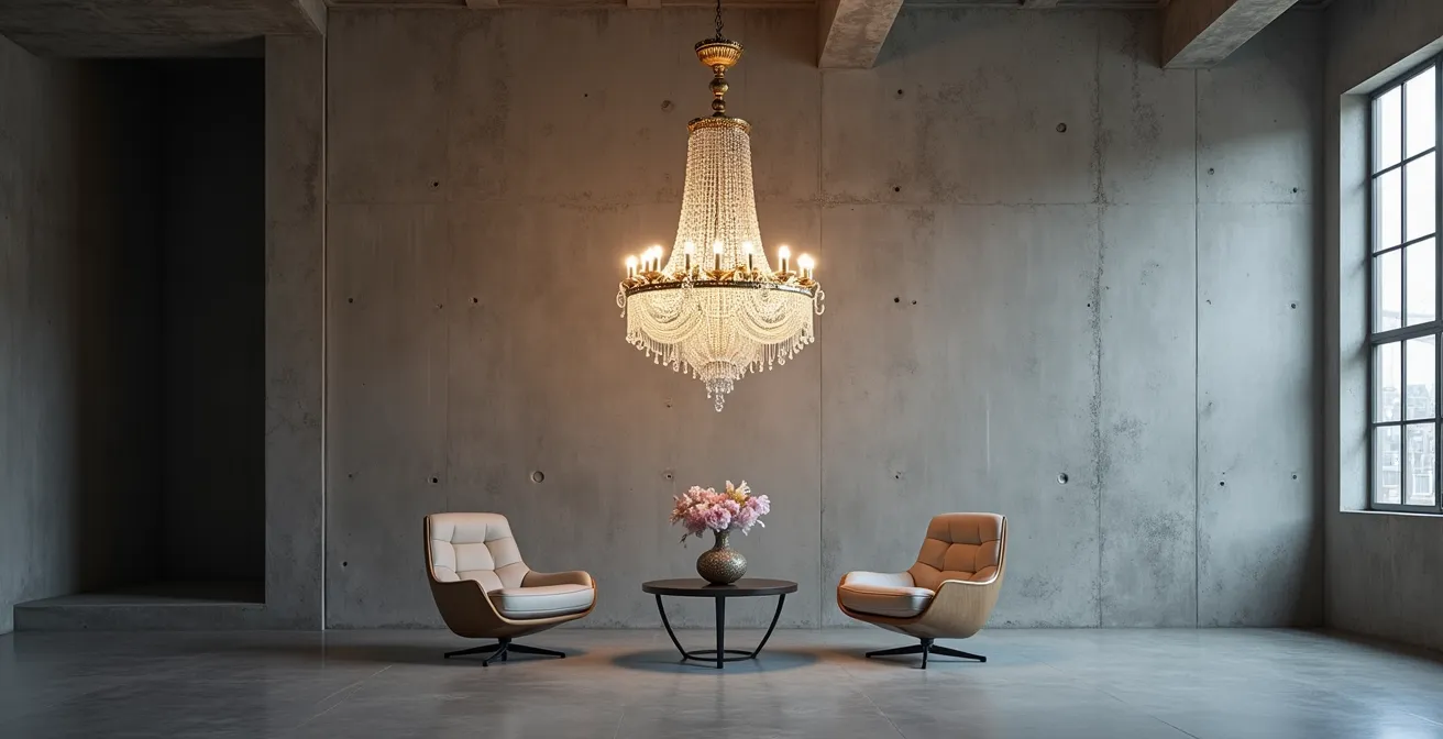 Abat-jour classique avec pampilles cristal dans un salon minimaliste aux murs béton ciré