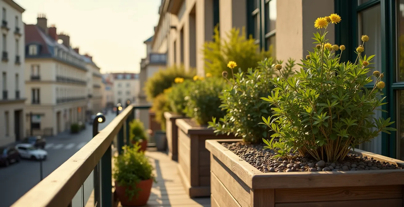 Jardinières surélevées sur balcon avec système de répartition du poids visible