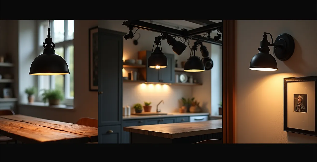 Trois types d'éclairages industriels installés dans différentes pièces d'une maison