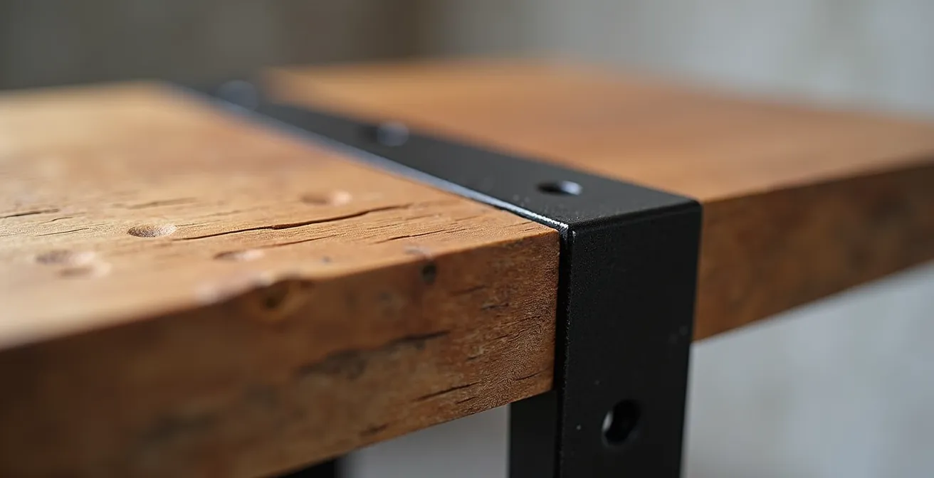 Composition montrant trois niveaux de mobilier industriel du DIY au design, avec différences de matériaux et finitions