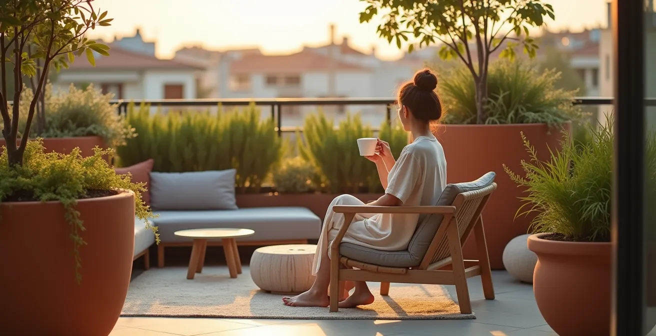 Terrasse moderne avec composition de plusieurs pots XXL créant une structure paysagère