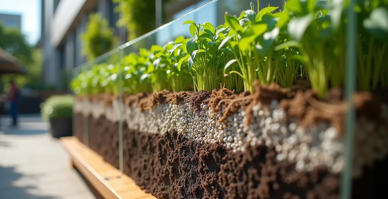 Vue en coupe d'un pot XXL montrant les différentes couches de drainage et substrat