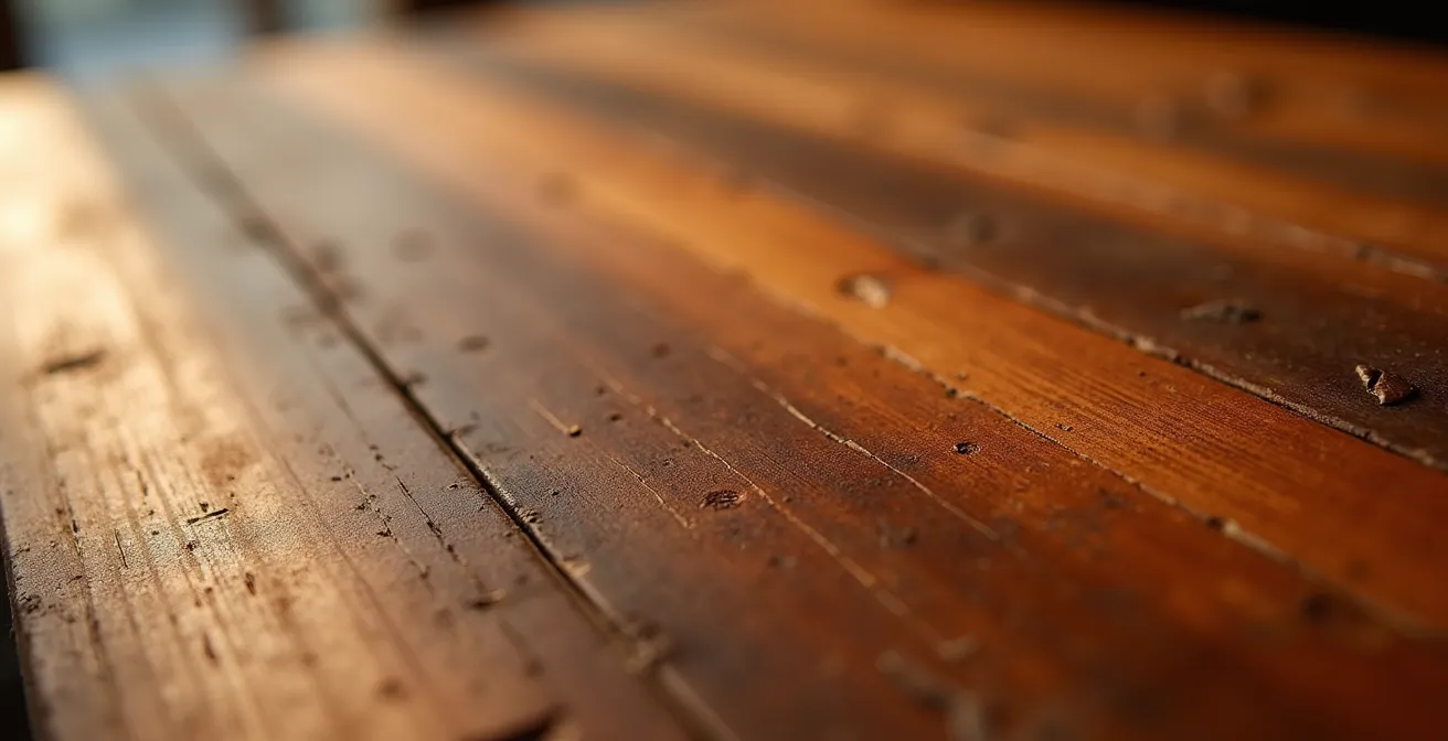 Gros plan sur la patine naturelle d'un meuble vintage en teck montrant les veines du bois