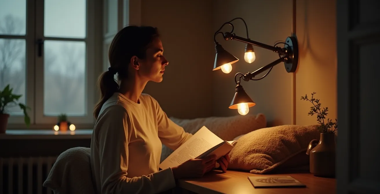 Système d'éclairage industriel avec suspensions métalliques et spots sur rail dans un appartement