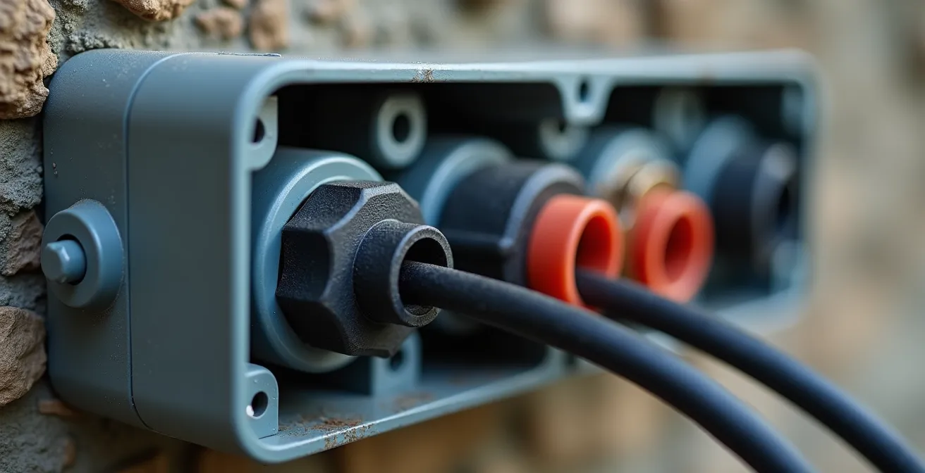 Gros plan sur une boîte de dérivation étanche avec câbles électriques et connexions sécurisées