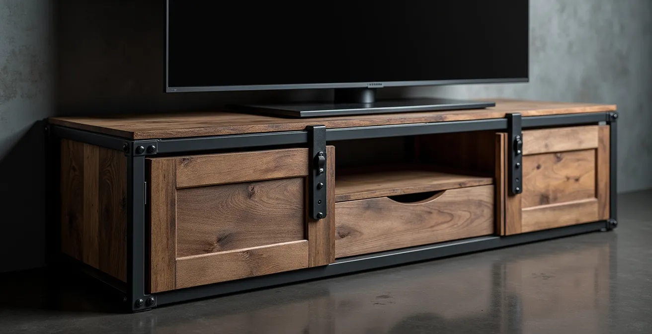 Meuble TV industriel avec porte coulissante type barn door en métal et bois recyclé