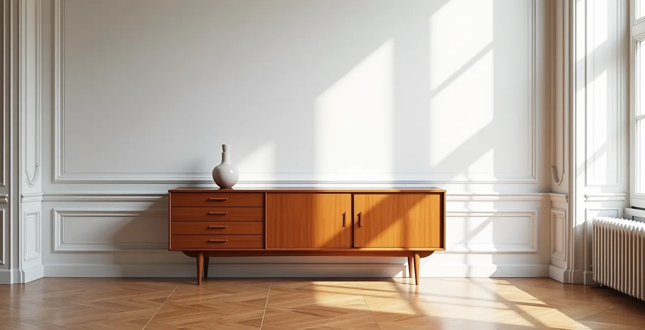 Enfilade vintage en bois isolée dans un salon haussmannien épuré avec moulures