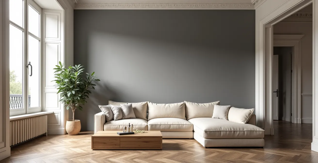 Salon moderne français avec mur d'accent en peinture effet béton gris anthracite