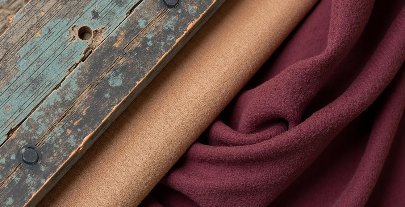 Composition de matières et textures industrielles chaleureuses avec textiles nobles français