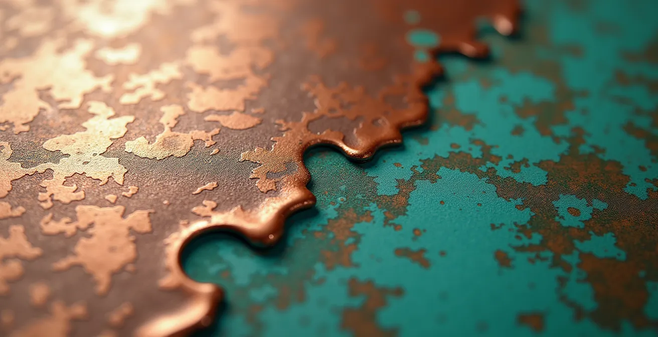 Vue macro de la patine vert-de-gris naturelle sur une surface en cuivre