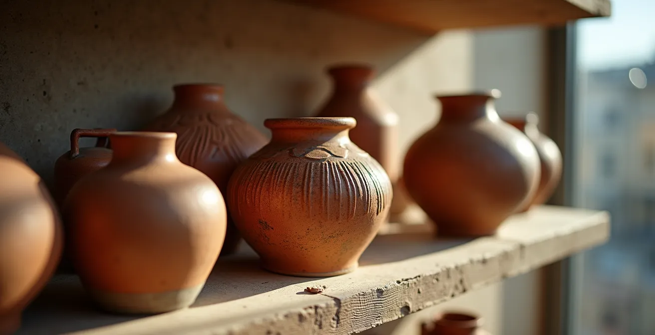 Mur salon avec collection de céramiques de Vallauris créant un point focal artistique