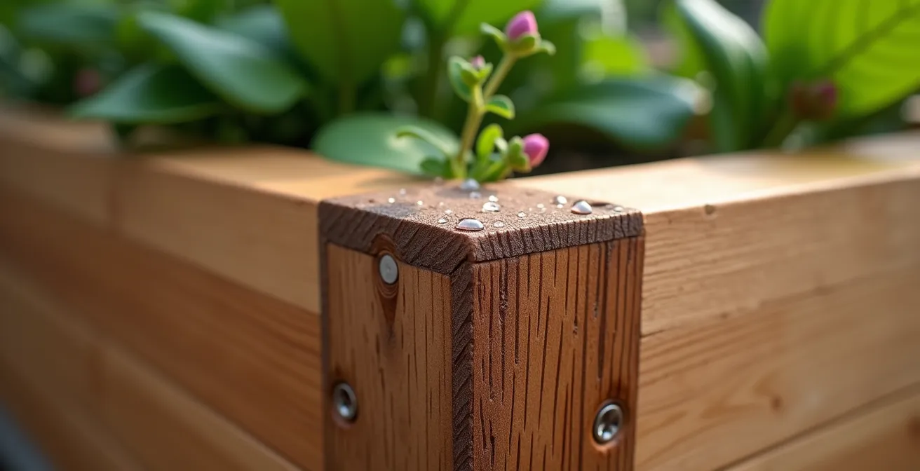 Vue rapprochée de l'assemblage invisible entre jardinières en bois Douglas formant un carré potager