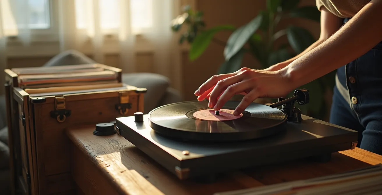 Salon vivant avec platine vinyle vintage et collection de disques chinés accessible