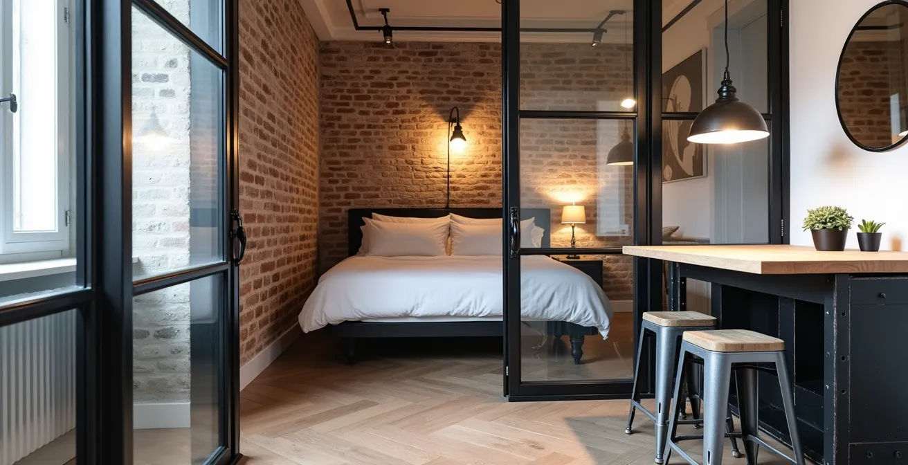 Studio de 30m² avec verrière coulissante séparant l'espace nuit, mobilier multifonctionnel en métal et bois