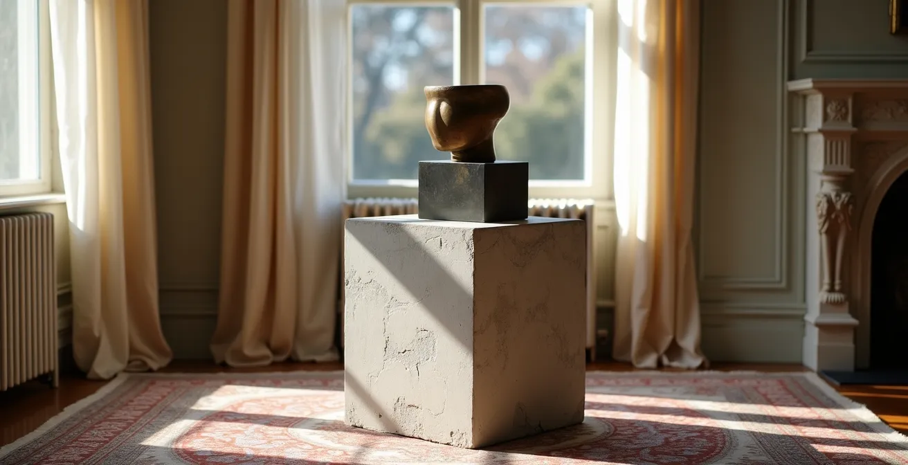 Tabouret en béton utilisé comme piédestal pour une sculpture moderne dans un salon lumineux