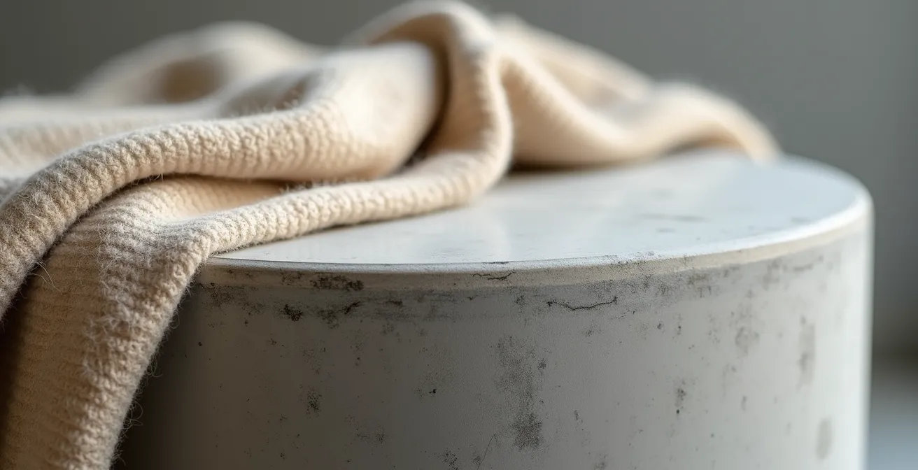 Gros plan sur un tabouret béton avec plaid en laine des Pyrénées et coussin en lin