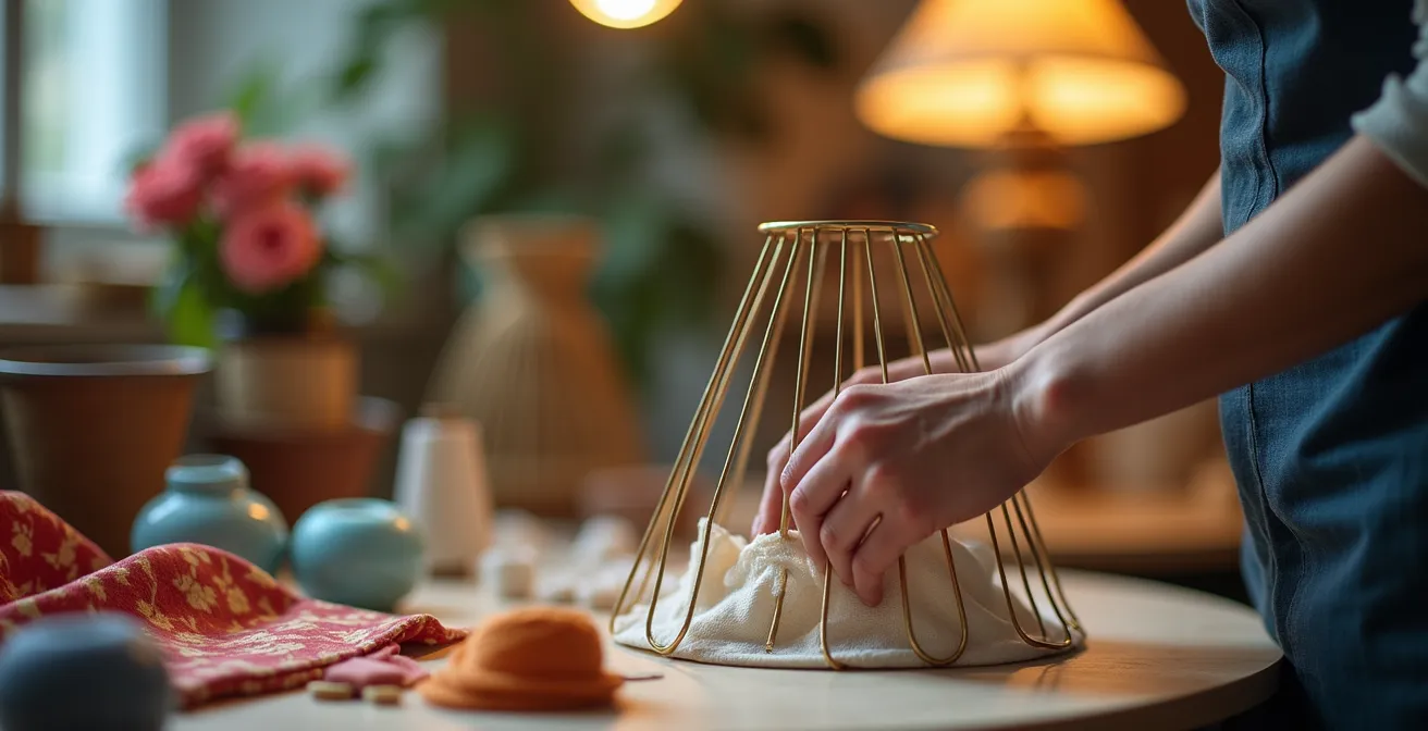 Mains d'artisan français travaillant sur la transformation d'un abat-jour ancien avec des tissus colorés